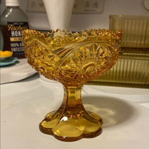 Vintage KEMPLE WHEATON Amber Glass Compote Hobstar Sawtooth Candy Dish 5"